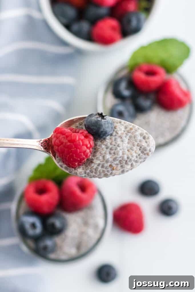 A spoon taking a bite of chia seed pudding, showing the creamy texture and fresh berries.