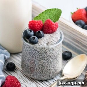 chia seed pudding in jar garnished with fresh fruit