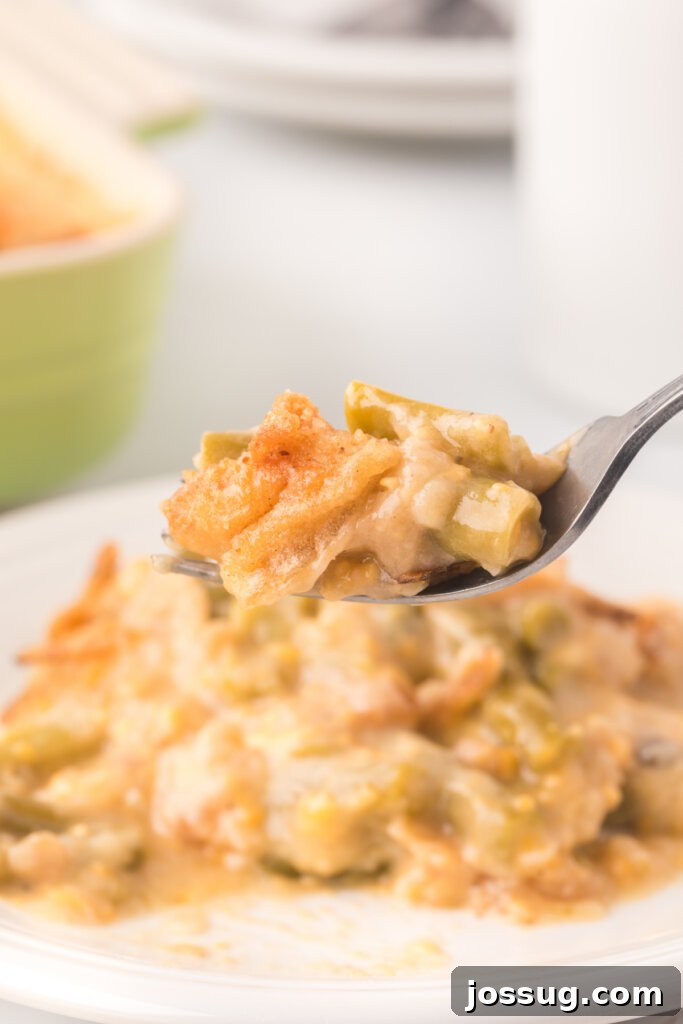 green bean casserole on fork