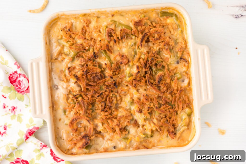 looking down into a pan of green bean casserole
