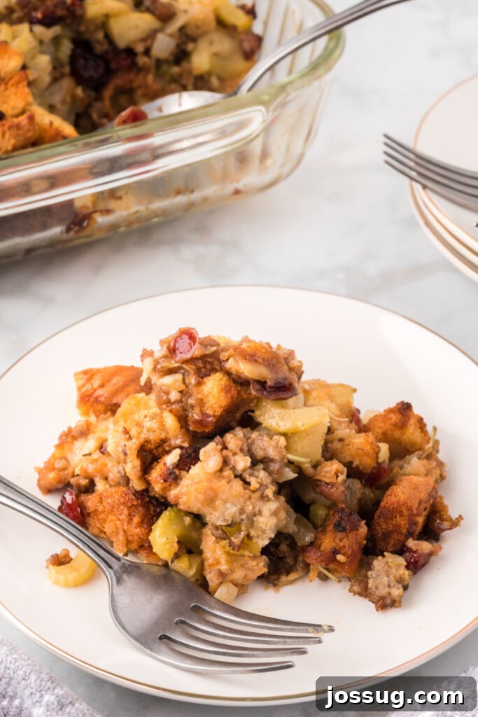 An individual serving of savory Cranberry Apple Sausage Stuffing presented on a clean white plate.