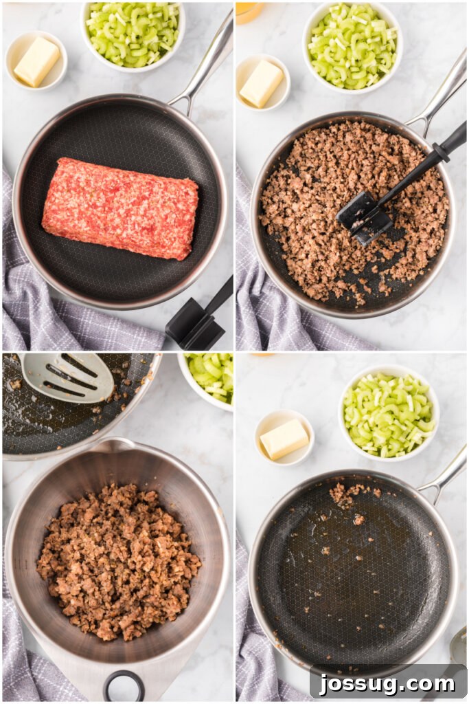 Browning and crumbling sweet Italian sausage in a large skillet until perfectly cooked.