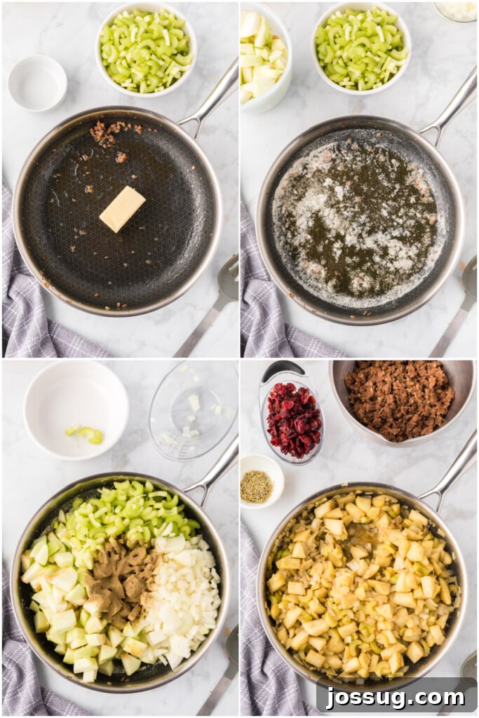 The process of sautéing the vegetable mixture, including apples, onions, and celery, in a pan.