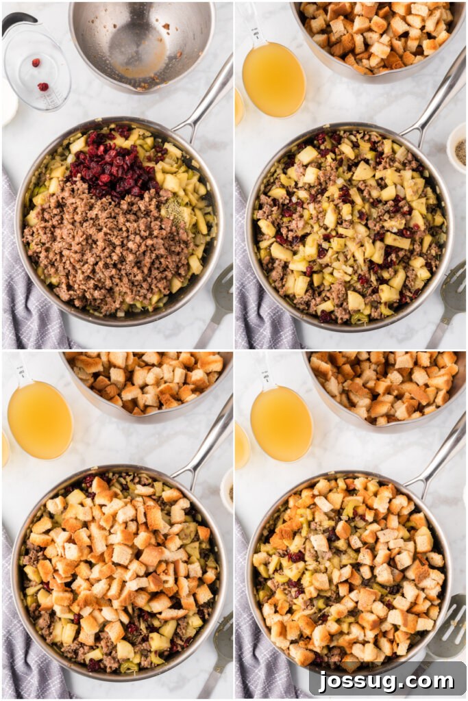 All ingredients for the stuffing, including breadcrumbs, sausage, apples, and cranberries, being combined in a large bowl.