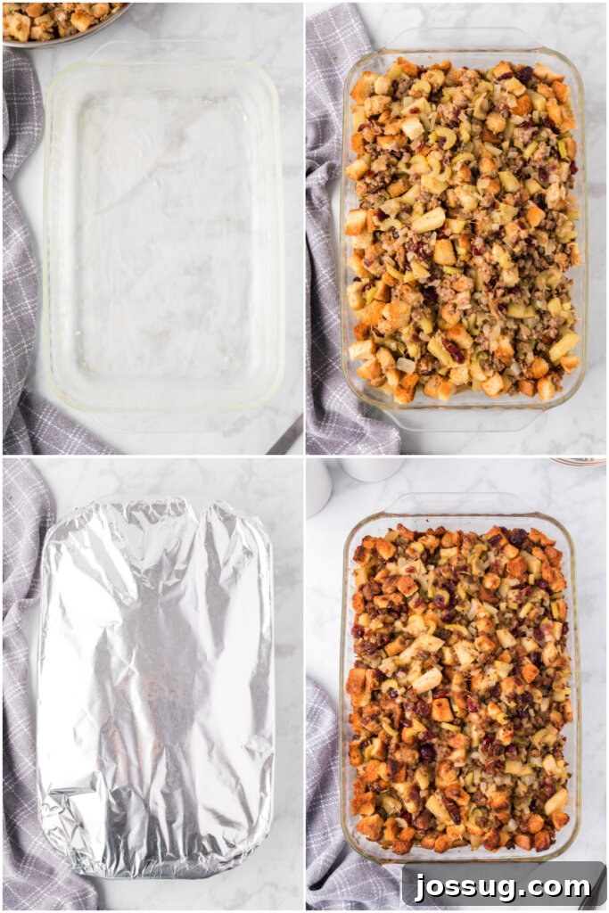 The prepared stuffing mixture placed into a casserole pan, covered with aluminum foil, and ready for the oven.