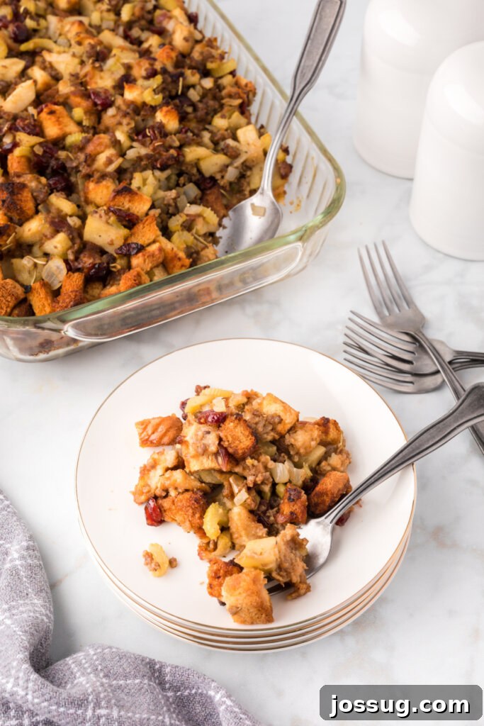 The finished, golden-brown Cranberry Apple Sausage Stuffing in its casserole pan, alongside an individual portion on a plate.