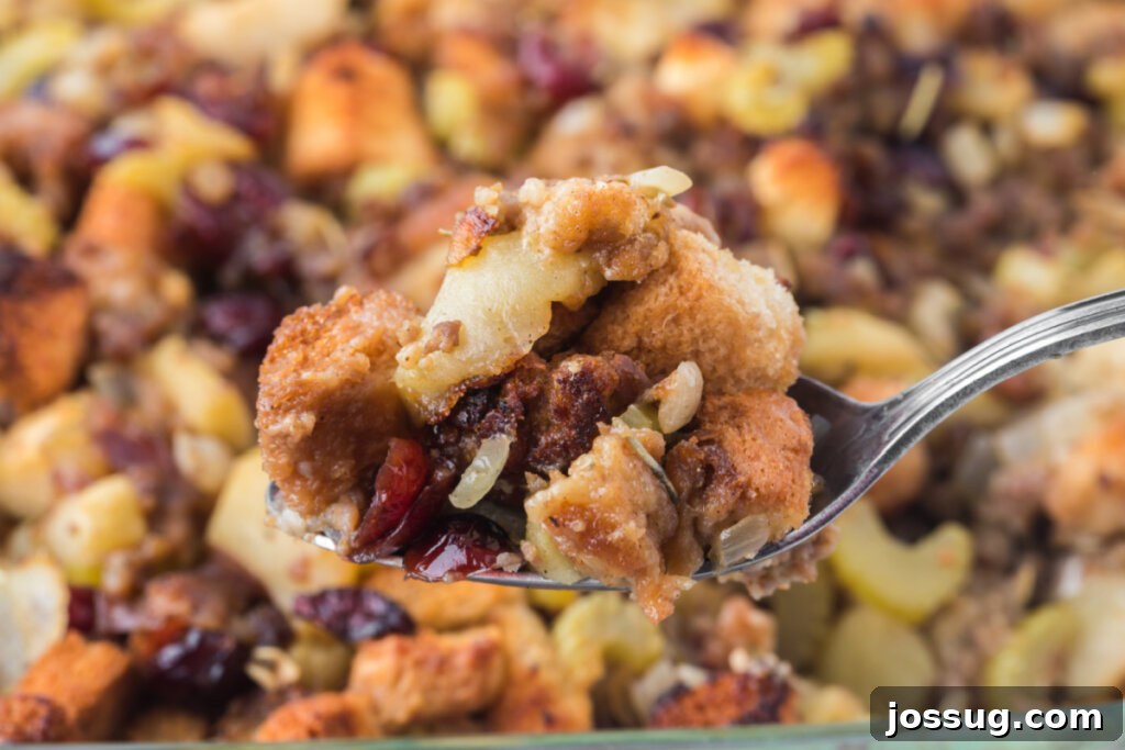 A close-up shot of Cranberry Apple Sausage Stuffing on a spoon, highlighting the succulent sausage, cranberries, and breadcrumbs.
