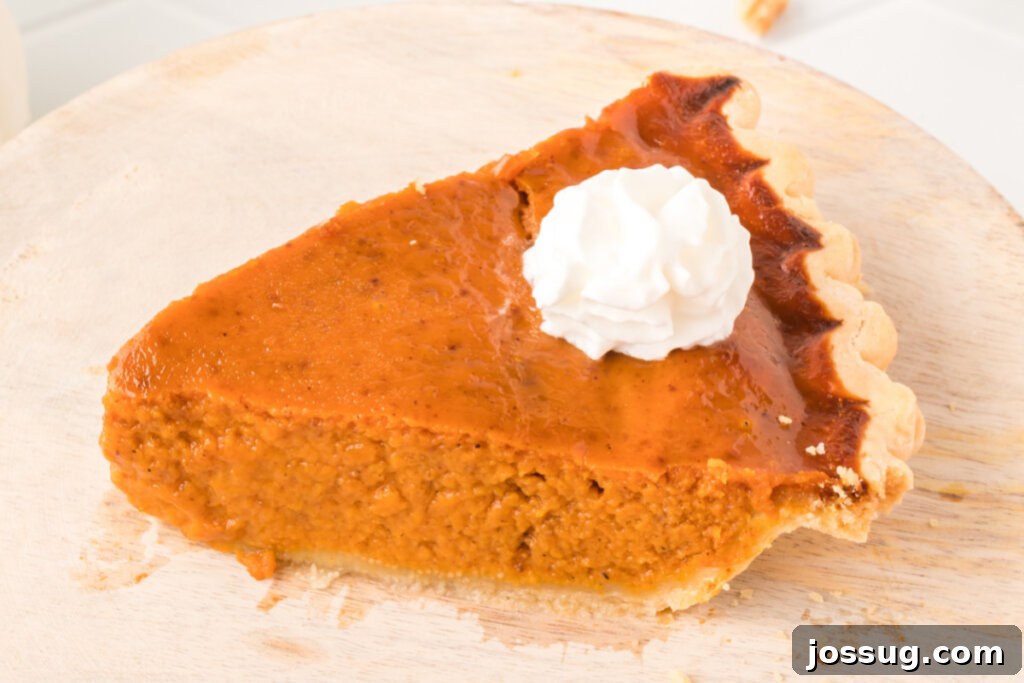slice of pumpkin pie with a dollop of whipped cream