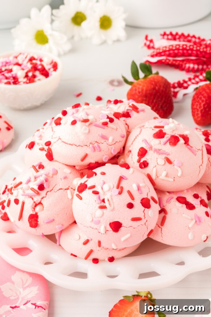 A charming plate adorned with an assortment of vibrant Jello Meringue cookies, showcasing various pastel colors and their delicate, cloud-like texture.