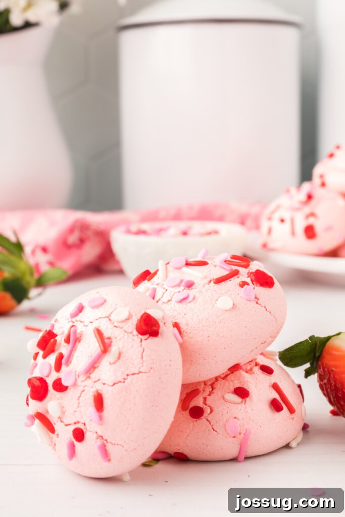 A delightful stack of colorful Jello Meringues, showcasing their varied shades and delicate forms, hinting at the crisp texture.