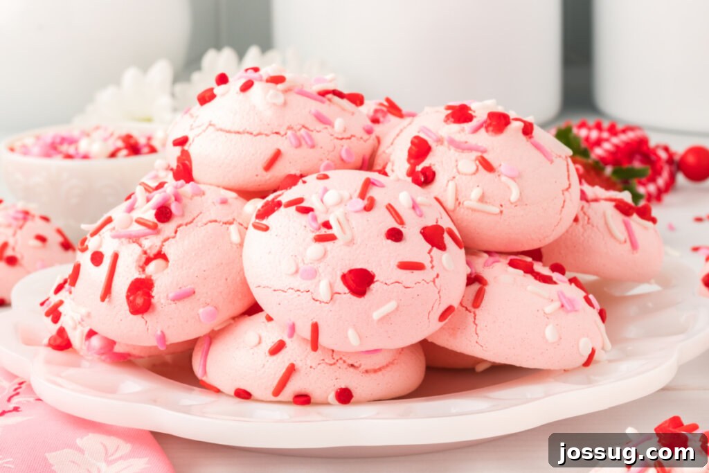 A beautiful close-up of Jello Meringues, highlighting their intricate piped details, soft pastel colors, and the promise of a delightful crunch.