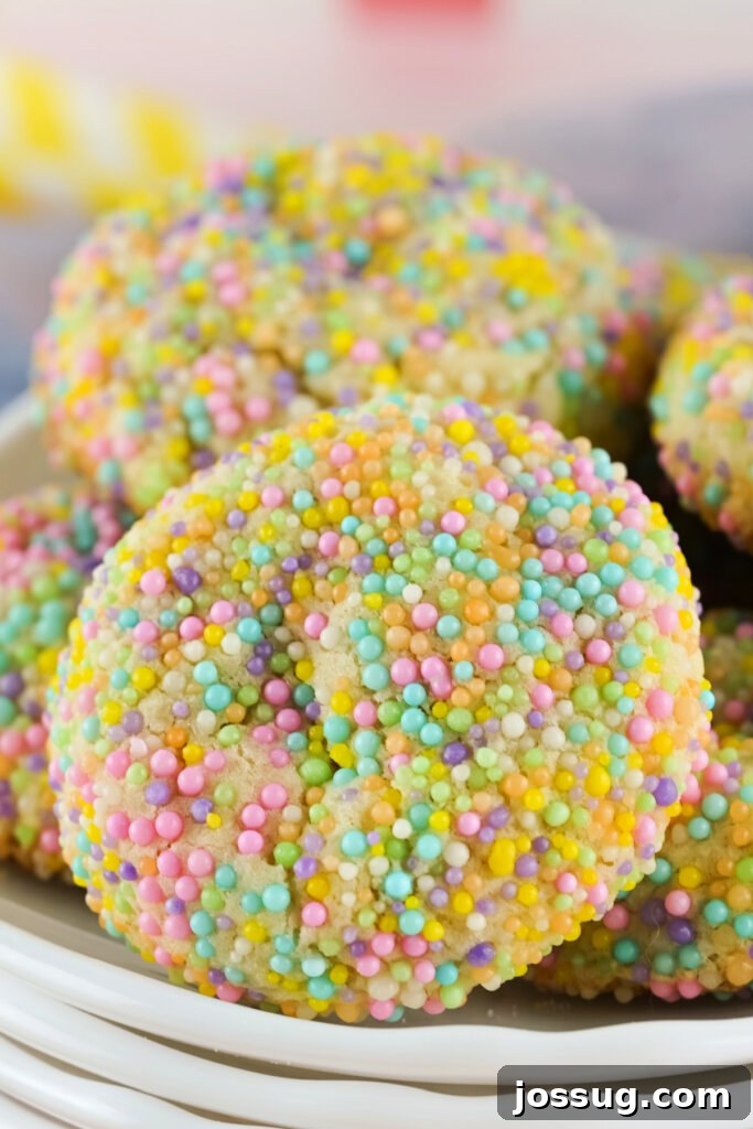 Hoppy Easter Sprinkle Bites 2 Plate of vibrantly colored Easter sprinkle cookies, ready to be enjoyed.