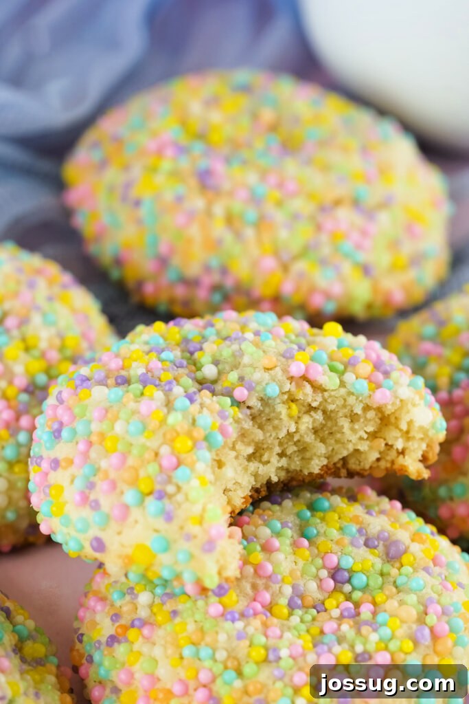 Hoppy Easter Sprinkle Bites 4 Close-up of a sugar sprinkle cookie with a bite taken out, showing its soft interior and crunchy exterior.