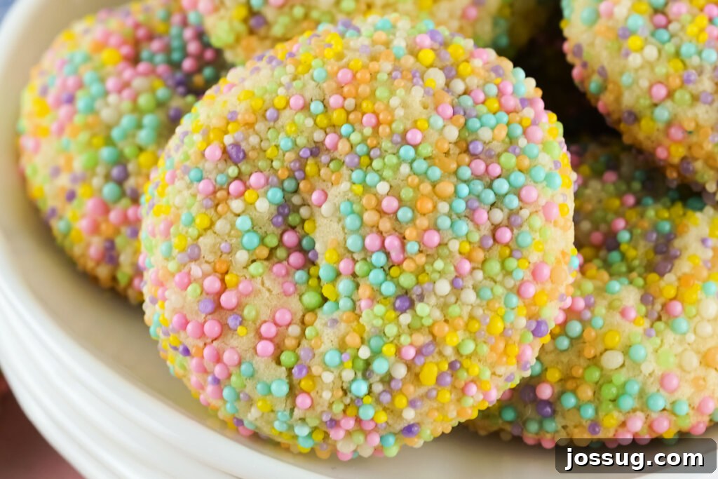 Hoppy Easter Sprinkle Bites 5 A vibrant Easter cookie adorned with pastel sprinkles, ready to be enjoyed.