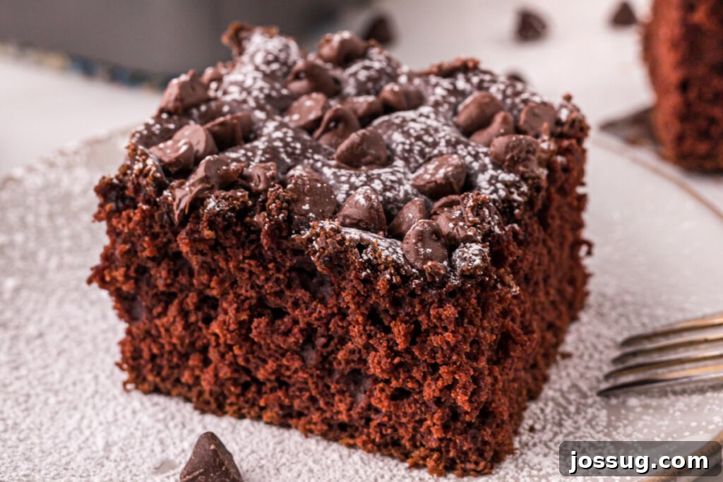 Everyday Chocolate Indulgence 5 square of chocolate snack cake on plate with fork