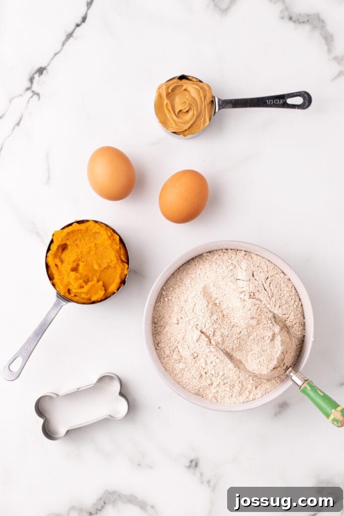 Pawsitively Delicious Air Fryer Treats 3 Arrangement of essential ingredients for healthy homemade dog treats: whole wheat flour, 100% pure pumpkin puree, natural peanut butter, and fresh eggs, meticulously laid out alongside a bone-shaped cookie cutter on a pristine marble surface. This image highlights the simplicity and natural origins of the ingredients, perfect for DIY healthy dog snacks.