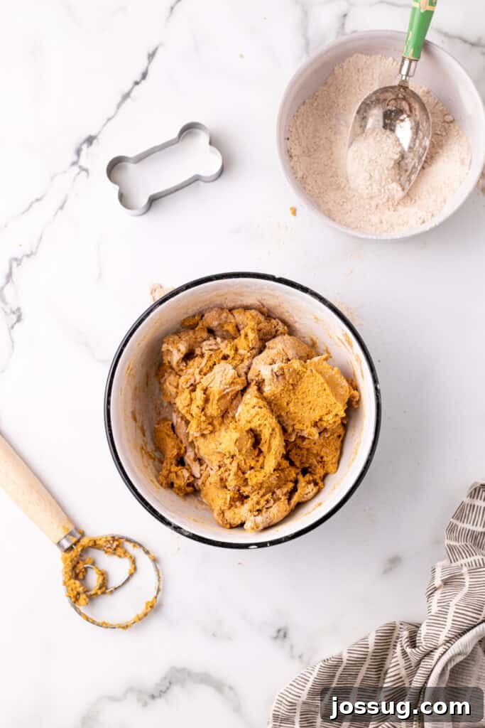Pawsitively Delicious Air Fryer Treats 7 Thick, slightly crumbly dog treat dough after the flour has been incorporated, indicating it's ready for manual kneading to achieve the ideal texture.