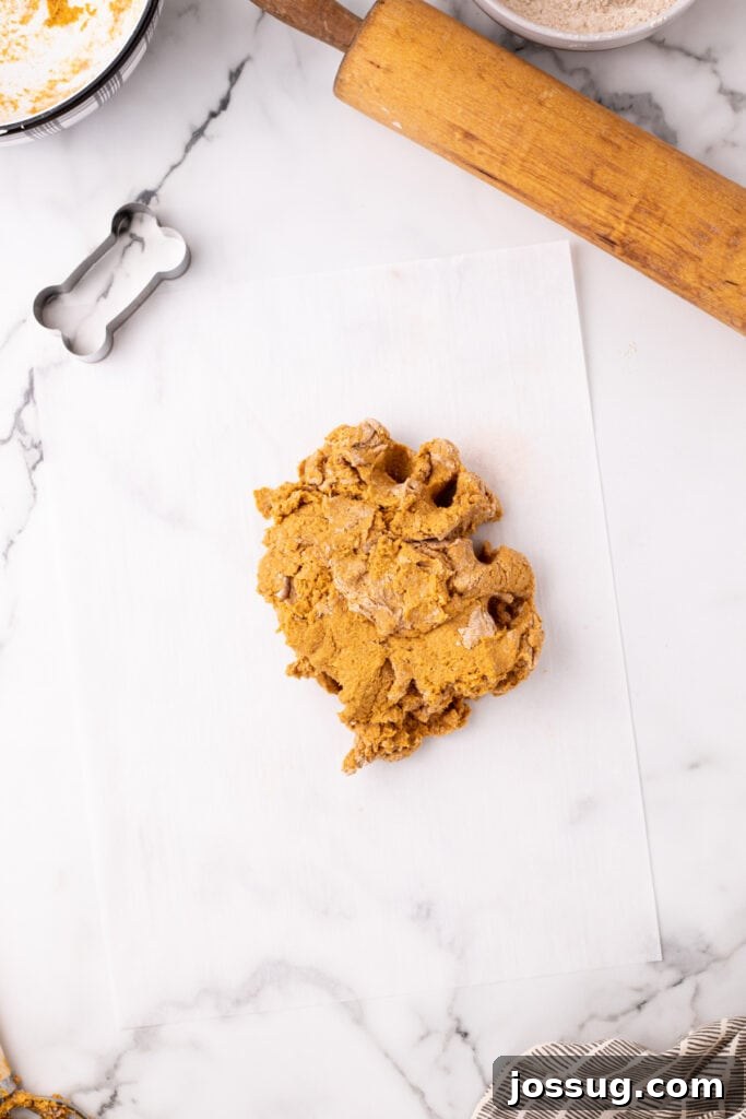 Pawsitively Delicious Air Fryer Treats 8 A perfectly formed ball of pumpkin dog treat dough placed on parchment paper, positioned for rolling, with a bone-shaped cookie cutter and vintage rolling pin nearby.