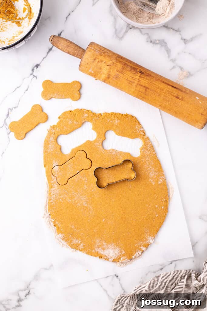 Pawsitively Delicious Air Fryer Treats 10 A bone-shaped cookie cutter expertly pressing into the rolled-out pumpkin dog treat dough, creating perfectly shaped individual treats.