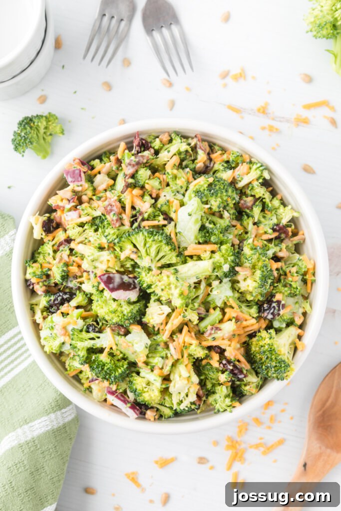 Vibrant Broccoli Medley 2 Looking down into a vibrant bowl of classic broccoli salad, showcasing fresh broccoli florets, crispy bacon, shredded cheese, and red onion, all coated in a creamy dressing.