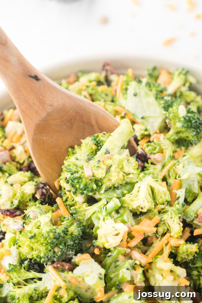 Vibrant Broccoli Medley 3 A serving spoon gracefully scoops a generous portion of broccoli salad from a large bowl, highlighting its vibrant colors and rich texture.