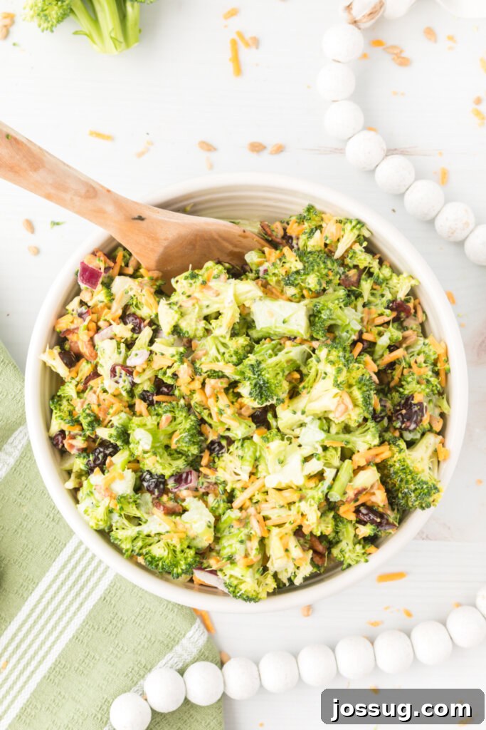 Vibrant Broccoli Medley 4 A close-up view of a bowl of creamy broccoli salad, with a serving spoon resting inside, ready to be dished out. The vibrant green broccoli, red onion, and cranberries are clearly visible.