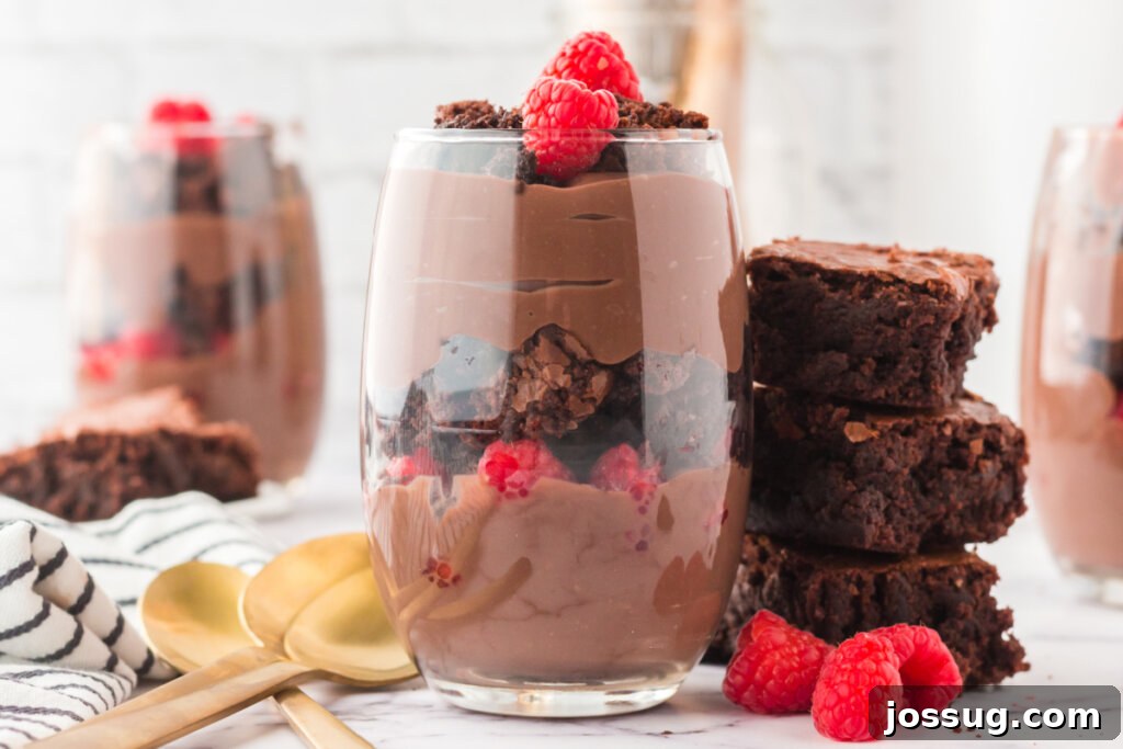 Decadent Brownie Parfaits 5 Four elegantly prepared brownie parfaits, each layered with rich brownies, creamy pudding, and fresh raspberries, standing tall in clear glass cups on a white surface.