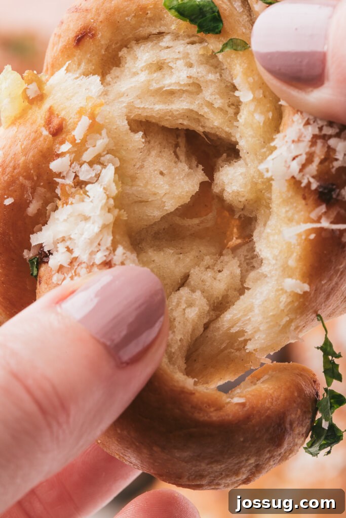 a look at the fluffy, tender inside of a garlic knot