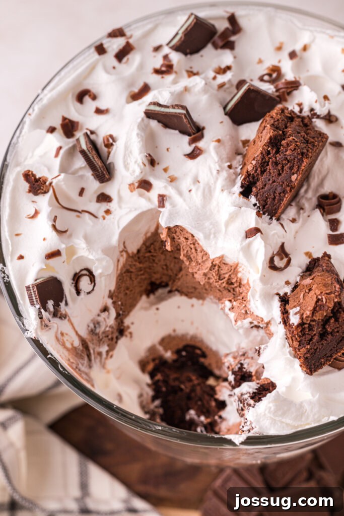 Layered Chocolate Brownie Indulgence 4 Looking down into a brownie trifle with a scoop taken out, revealing the distinct layers of brownie, pudding, and whipped topping.
