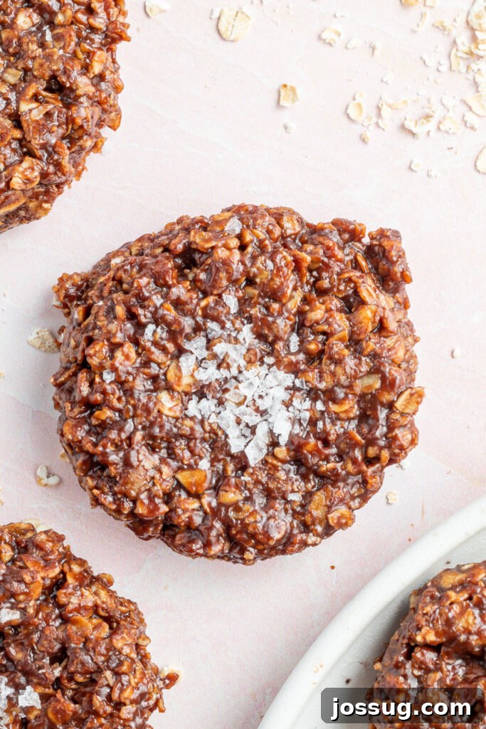Close-up shot of a single Salted Almond Butter No-Bake Cookie, showcasing its crinkled texture and a generous sprinkle of flaky sea salt.