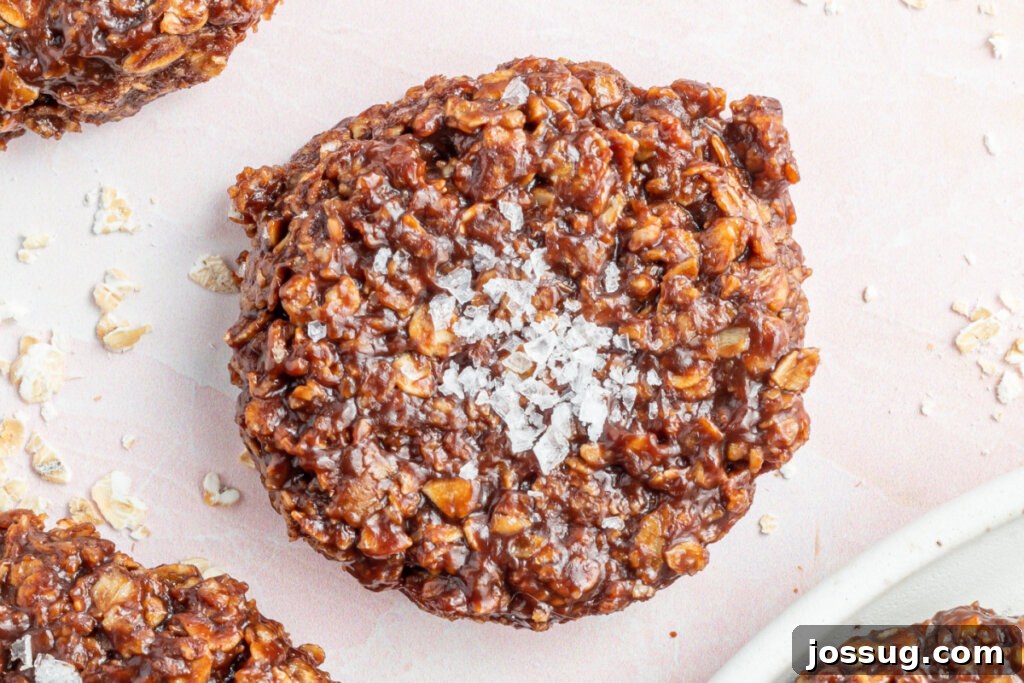 Looking down onto a tray of freshly made Salted Almond Butter No-Bake Cookies, ready for chilling.