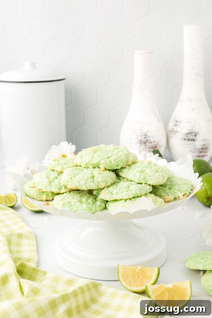 Syrup-Kissed Coconut Delights 4 Soft sherbet coconut cookies artfully arranged on a white cake stand
