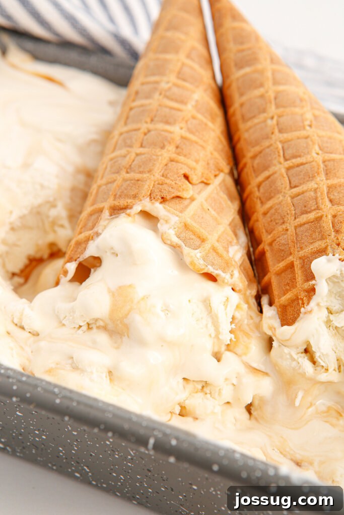 Two ice cream cones artfully placed beside a container of homemade salted caramel ice cream, tempting viewers.
