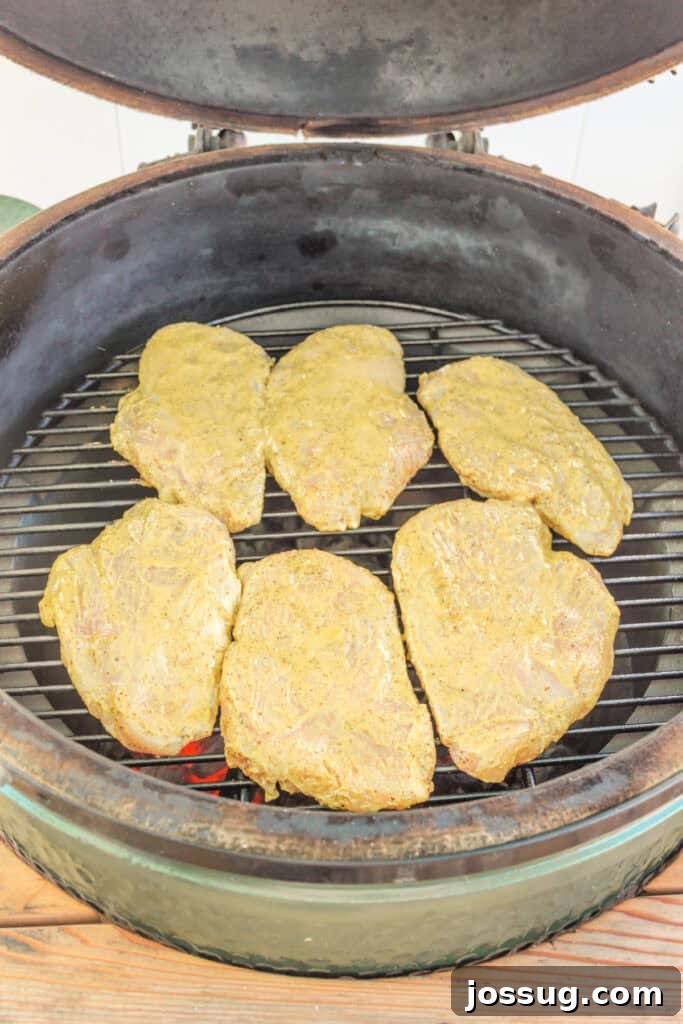 Perfectly marinated chicken breasts carefully placed on the hot grates of a preheated grill inside a smoker, beginning to develop beautiful char marks.