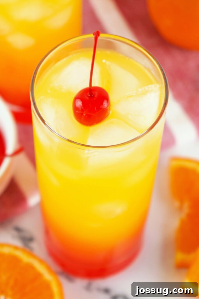 Golden Sunrise Tequila 2 tequila sunrise cocktail in glass garnished with cherry