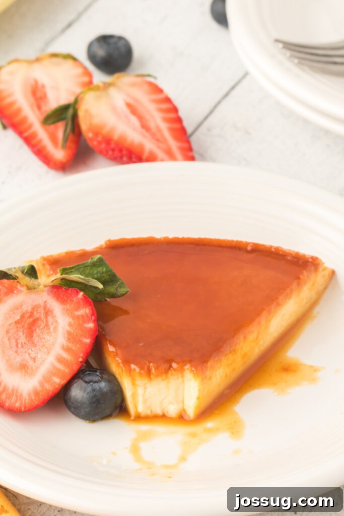 Velvety Caramel Flan 2 Silky smooth Spanish Flan on a pristine white plate, drizzled with golden caramel sauce, ready to be enjoyed.
