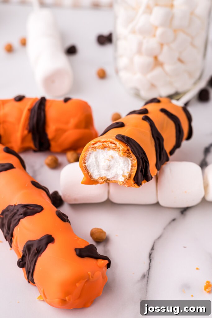 Three Tigger Tails, one showing the marshmallow interior, with vibrant orange and dark chocolate stripes.