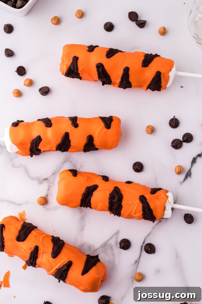 Four finished Tigger Tails neatly laid out on a table.