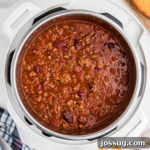 Quick-Fix Instant Pot Chili 5 Looking down into a pot of Instant Pot chili, ready to be served.