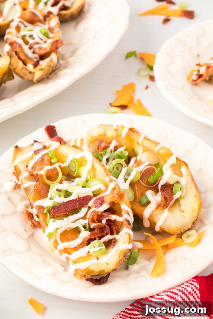 Crispy Golden Potato Skins 2 two loaded potato skins on plate
