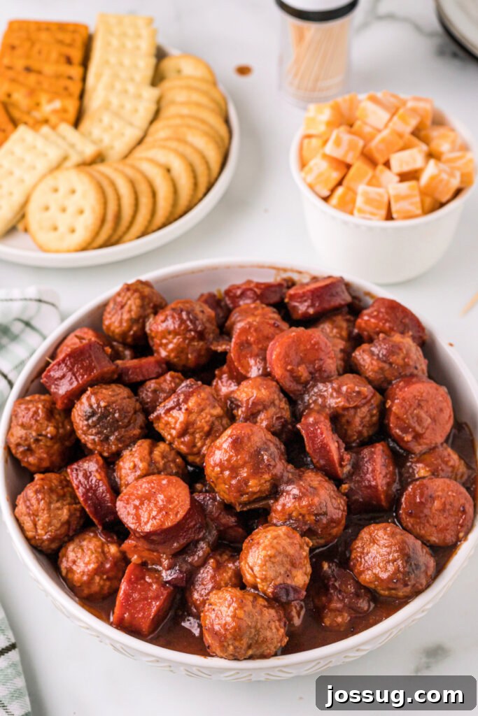 Sweet and Smoky Cranberry Chipotle Meatball and Sausage Duet 2 Delicious Cranberry Chipotle Meatballs and Sausage, ready to serve