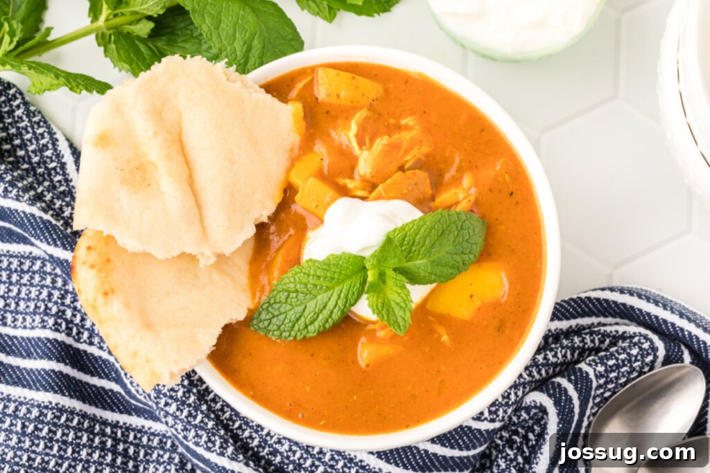 Overhead shot of a bowl of Indian Spiced Chicken Potato Stew, showcasing the inviting steam and fresh garnish.