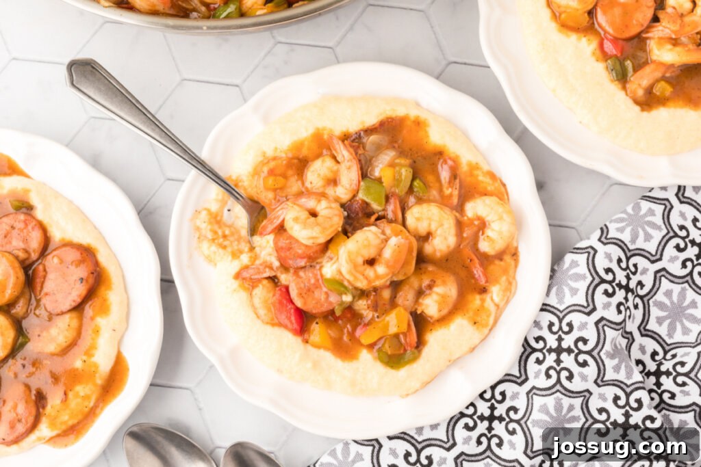 Carolina's Signature Shrimp and Grits 6 A bird's eye view of a full plate of Carolina Shrimp and Grits, inviting and delicious.