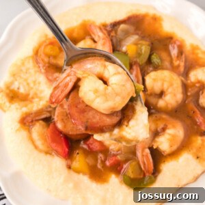 Closeup of shrimp and grits on a plate