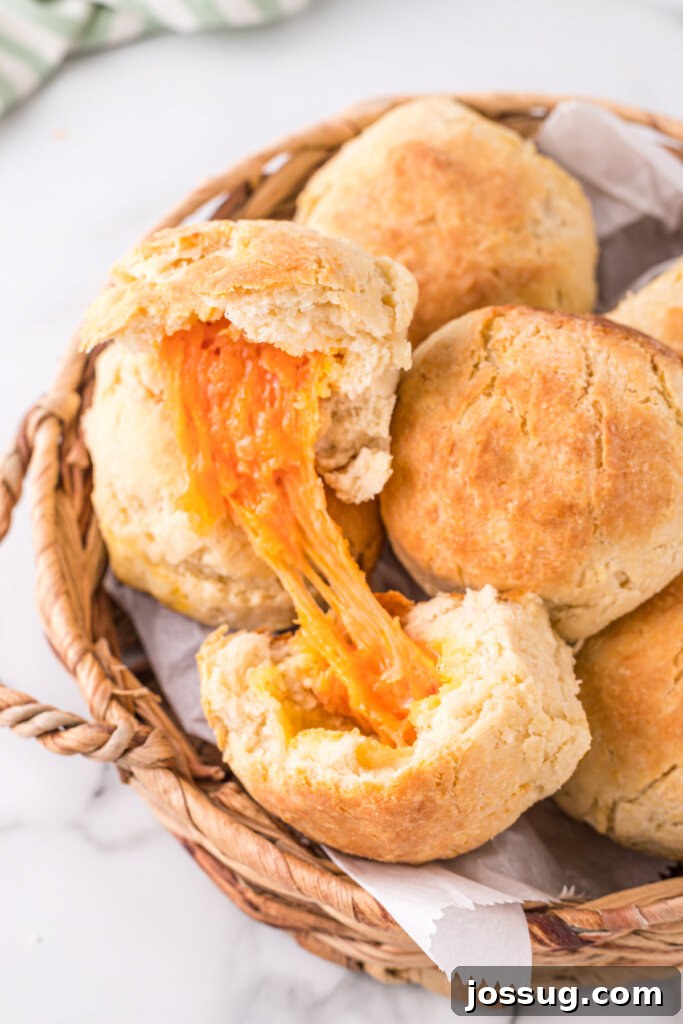 Eastern NC's Signature Cheese Biscuits 2 Cheese biscuits in basket with top one open to show the melted cheese inside