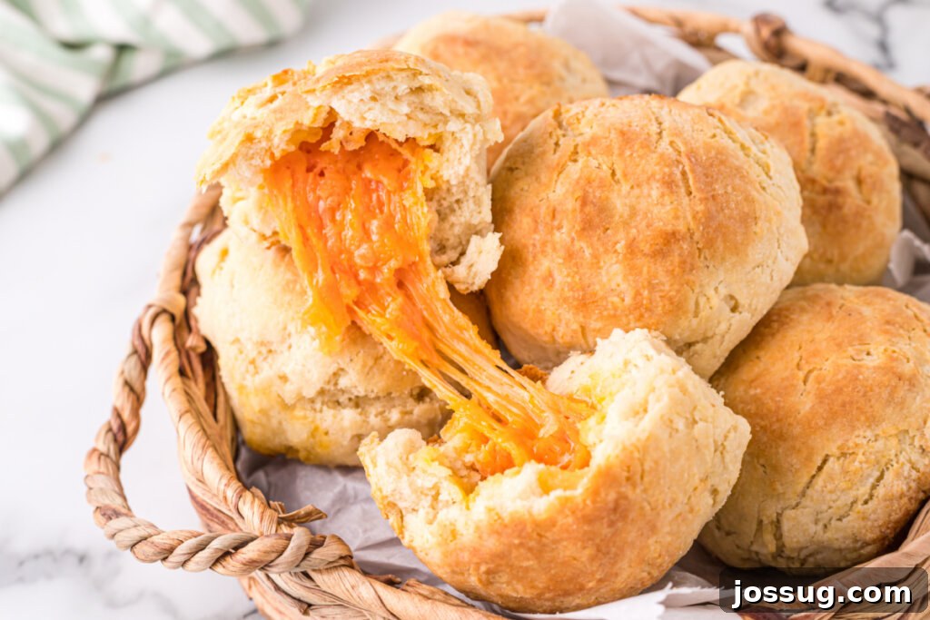 Eastern NC's Signature Cheese Biscuits 6 Eastern NC Cheese Biscuits in basket with one open to show the melted cheese inside