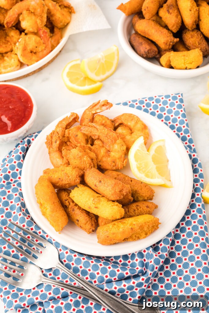 Signature Eastern NC Hush Puppies 3 A close-up view of a plate featuring perfectly fried shrimp alongside golden Eastern NC Hush Puppies