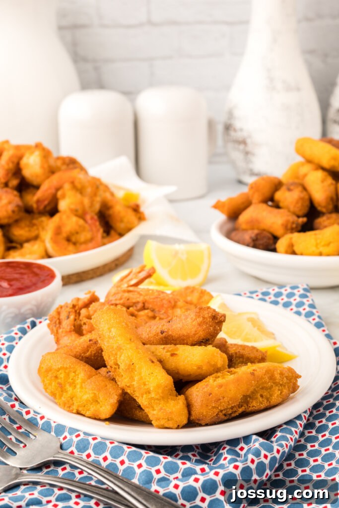 Signature Eastern NC Hush Puppies 4 Golden-brown hush puppies resting on a plate, with cooked shrimp blurred in the background
