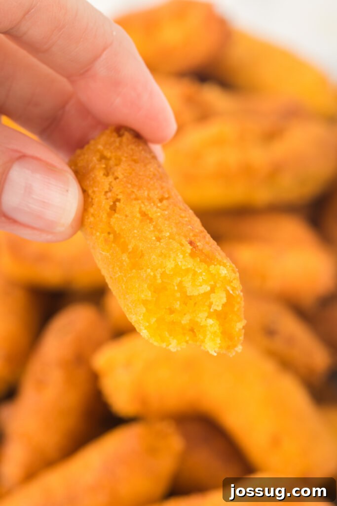 Signature Eastern NC Hush Puppies 5 A hand holds a freshly fried Carolina hush puppy, showcasing its golden color and strip shape