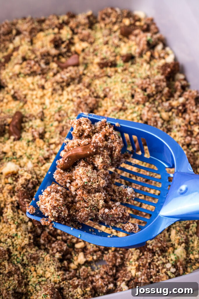 Feline Faux Paws Cake 2 Cat litter scoop taking a portion of the hilarious Kitty Litter Cake from a new litter box